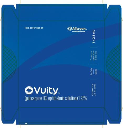 PRINCIPAL DISPLAY PANEL Insert text NDC 0074-7098-03 Vuity™ (pilocarpine HCI ophthalmic solution) 1.25% Contains one 2.5 mL bottle Rx Only Sterile For topical application in the eye 3 x 2.5 mL Allergan™ An AbbVie company 