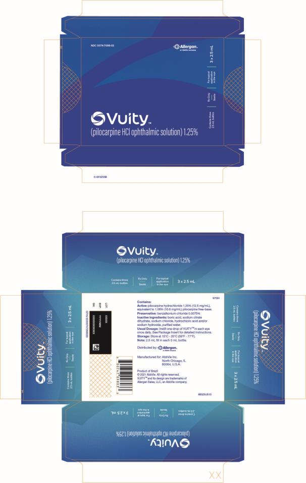 NDC 0074-7098-03
Vuity™ 
(pilocarpine HCI ophthalmic solution) 1.25%
Contains three 
2.5 mL bottles
Rx Only
Sterile
For topical 
application 
in the eye
3 x 2.5 mL
Allergan™
An AbbVie company
