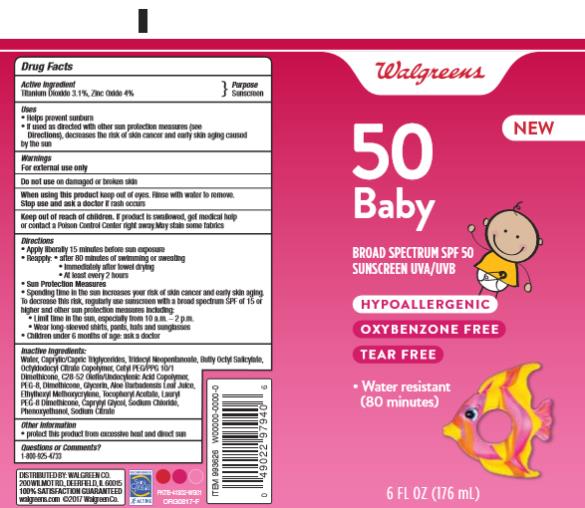 Walgreens
50
Baby
Broad spectrum SPF 50
Sunscreen UVA/UVB
HYPOALLERGENIC
OXYBENZONE FREE
TEAR FREE
6 FL OZ (176 mL)
