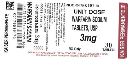 Warfarin Sodium Tablets USP 3 mg, Box of 30 Unit Dose Tablets Label 