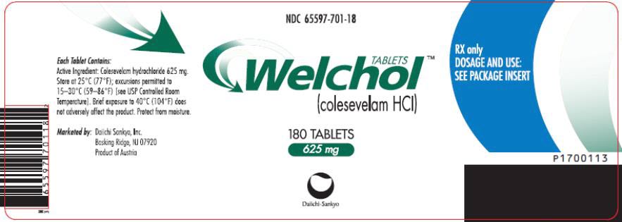 PRINCIPAL DISPLAY PANEL NDC 65597-701-18 TABLETS Welchol (colesevelam HCI) 180 TABLETS 625 mg