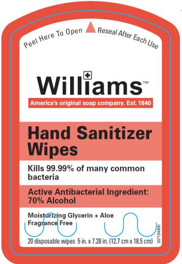 PRINCIPAL DISPLAY PANEL
Williams
Hand Sanitizer Wipes
Kills 99.9% of many common bacteria
Active Antibacterial Ingredient: 70% Alcohol
Moisturizing Glycerin + Aloe
Fragrance Free
20 disposable wipes 5 in. x 7.28 in. (12.7 cm x 18.5 cm)
