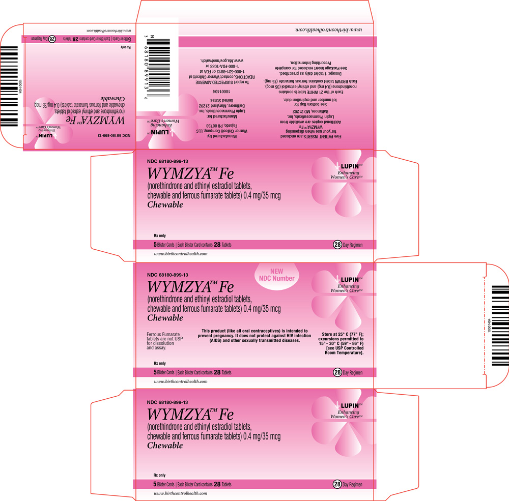 NDC 68180-899-13 WYMZYATM Fe (norethindrone and ethinyl estradiol tablets, chewable and ferrous fumarate tablets) 0.4 mg/35 mcg 5 Blister Cards. Each Blister Card contains 28 Tablets