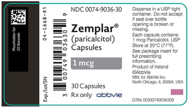 NDC 0074–9036–30 
Zemplar® (paricalcitol) Capsules 
1 mcg 30 Capsules 
Rx only abbvie 
