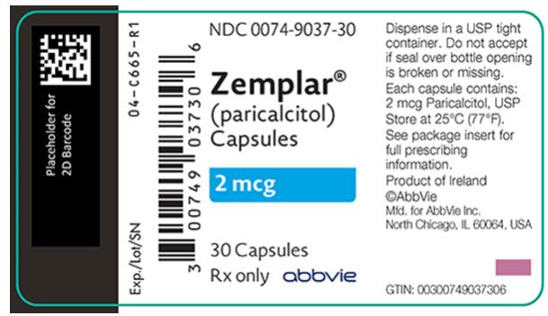 NDC 0074–9037–30 
Zemplar® (paricalcitol) Capsules 
2 mcg 30 Capsules 
Rx only abbvie 
