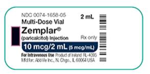 NDC 0074–1658–05 
2 mL Multi-Dose Vial 
Zemplar®(paricalcitol) Injection 10 mcg/2 mL (5 mcg/mL) 
For Intravenous Use 
Mfd for: AbbVie Inc., N. Chgo, IL 60064 USA 
Rx only 
