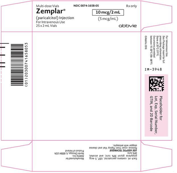 NDC 0074-1658-05 
Multi-dose Vials Rx only 
Zemplar® 10mcg/2mL 
(paricalcitol) Injection (5mcg/mL) 
For Intravenous Use 
25 x 2 mL Vials abbvie 
