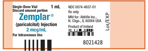 NDC 0074-4637-01
Single-Doxe Vial   1 mL
Discard unused portion
Zemplar®
(paricalcitol) Injection
2 mcg/mL
For Intravenous Use
Rx only

