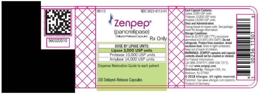 PRINCIPAL DISPLAY PANEL
NDC 0023-6113-01
ZENPEP® 
(Pancrelipase) 
Delayed-Release Capsules
Lipase 3,000 USP units
Protease 10,000 USP units
Amylase 14,000 USP units
100 Delayed-Release Capsules
Rx Only
