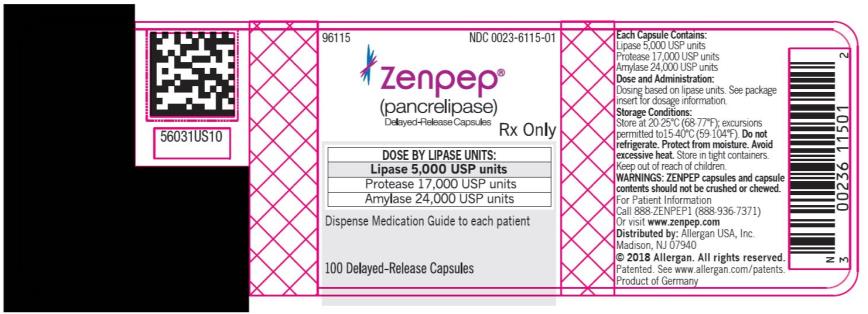 PRINCIPAL DISPLAY PANEL
NDC 0023-6115-01
ZENPEP® 
(Pancrelipase)
Delayed-Release Capsules
Lipase 5,000 USP units
Protease 17,000 USP units
Amylase 24,000 USP units
100 Delayed-Release Capsules
Rx Only
