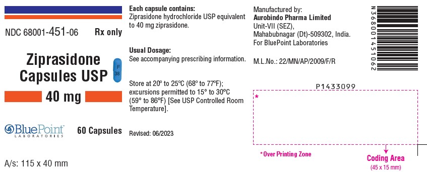 Ziprasidone Capsules USP 40mg (60 Capsules Bottle)  NDC 68001-451-06