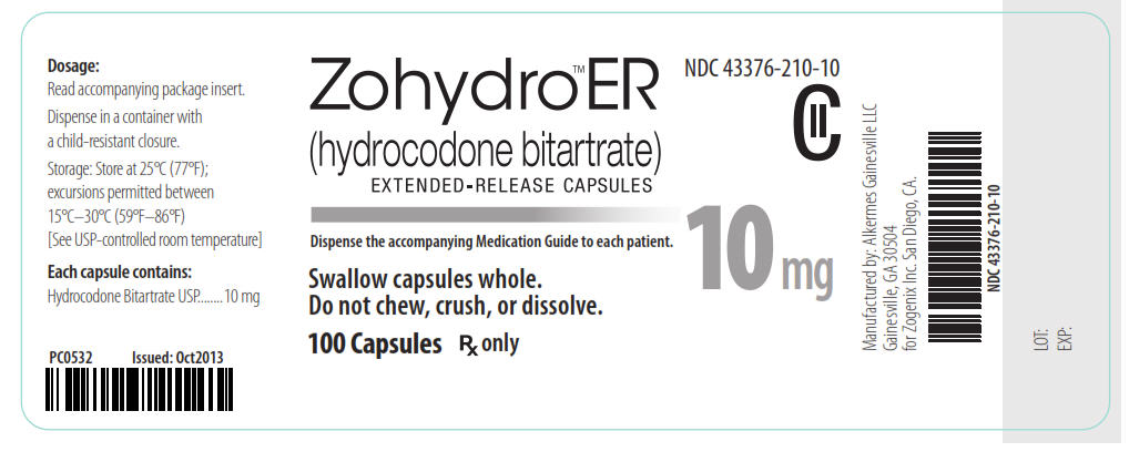 NDC 43376-210-10 CII Zohydro ER (hydrocodone bitartrate) Extended-Release Capsules 10 mg 100 Capsules Rx Only