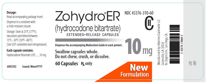 NDC 43376-310-60 Zohydro ER (hydrocodone bitartrate) Extended-Release Capsules 10 mg 60 Capsules Rx Only