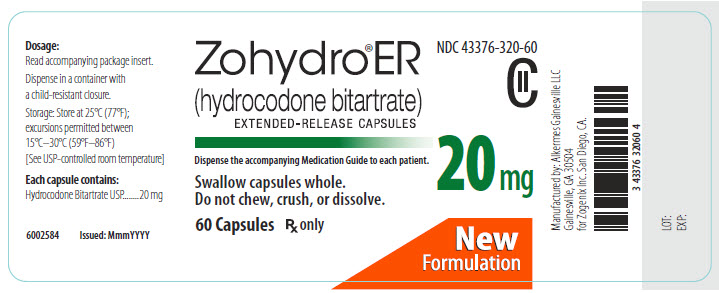 NDC 43376-320-60 Zohydro ER (hydrocodone bitartrate) Extended-Release Capsules 20 mg 60 Capsules Rx Only