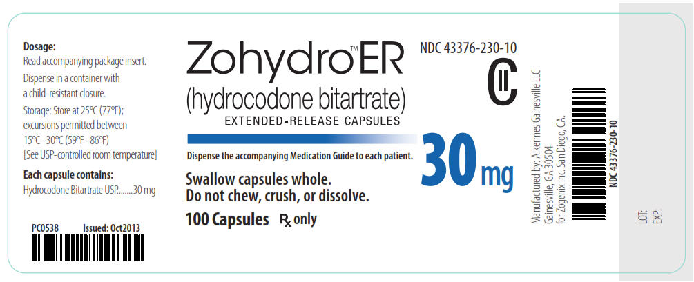 NDC 43376-230-10 CII Zohydro ER (hydrocodone bitartrate) Extended-Release Capsules 30 mg 100 Capsules Rx Only