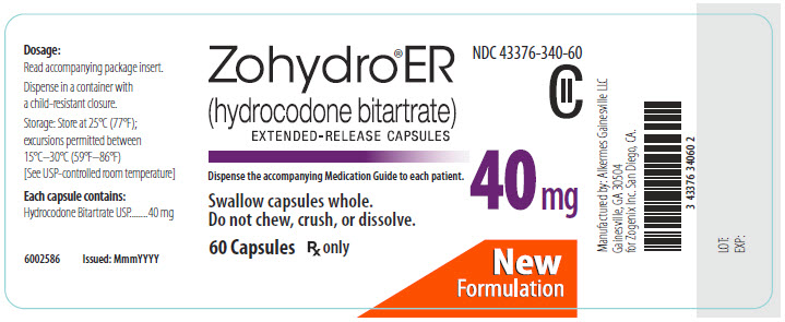 NDC 43376-340-60 Zohydro ER (hydrocodone bitartrate) Extended-Release Capsules 40 mg 60 Capsules Rx Only