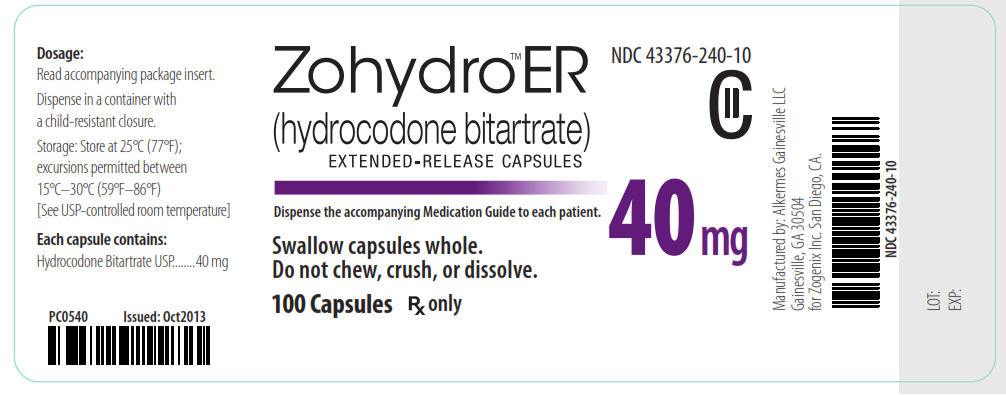 NDC 43376-240-10 CII Zohydro ER (hydrocodone bitartrate) Extended-Release Capsules 40 mg 100 Capsules Rx Only