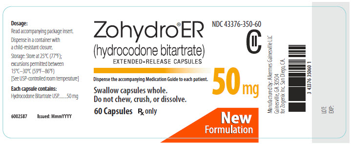 NDC 43376-350-60 Zohydro ER (hydrocodone bitartrate) Extended-Release Capsules 50 mg 60 Capsules Rx Only