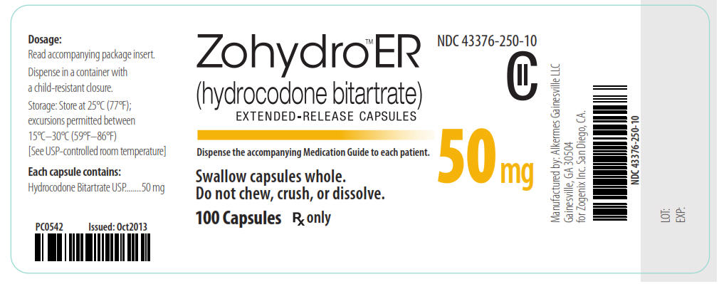 NDC 43376-250-10 CII Zohydro ER (hydrocodone bitartrate) Extended-Release Capsules 50 mg 100 Capsules Rx Only