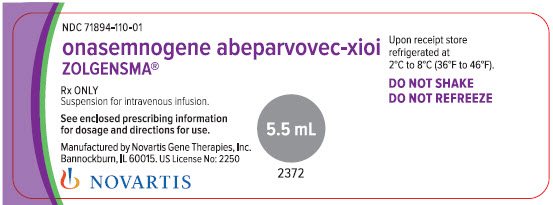 PRINCIPAL DISPLAY PANEL
								NDC 71894-110-01
								onasemnogene abeparvovec-xioi ZOLGENSMA®
								Rx ONLY
								Suspension for intravenous infusion.
								See enclosed prescribing information for dosage and directions for use.
								Manufactured by Novartis Gene Therapies, Inc. Bannockburn, IL 60015. US License No: 2250
								5.5 mL
								NOVARTIS