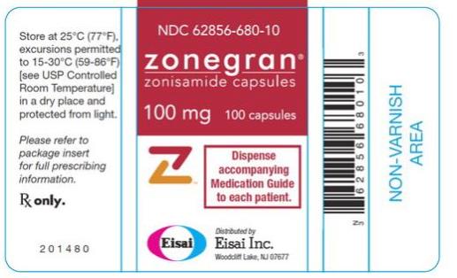 NDC 62856-680-10
Zonegran
zonisamide Capsules
100 mg
100 Capsules
Rx Only
