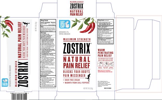PRINCIPAL DISPLAY PANEL
MAXIMUM STRENGTH
ZOSTRIX®
NATURAL PAIN RELIEF
Capsaicin 0.1% Topical Analgesic
BLOCKS YOUR BODY’S PAIN MESSENGER
ODOR FREE CREAM
WARMTH FROM CHILI PEPPERS
NET WT 2.0 OZ. (57 g)
