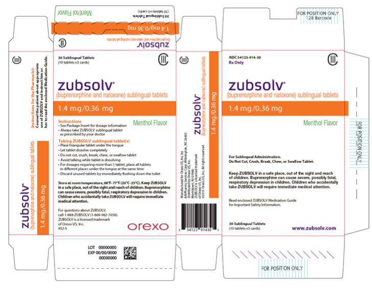 PRINCIPAL DISPLAY PANEL
NDC 54123-914-30
Rx Only 
CIII
zubsolv® 
(buprenorphine and naloxone) sublingual tablets
1.4 mg/0.36 mg 
Menthol Flavor
For Sublingual Administration.
Do Not Cut, Crush, Break, Chew, or Swallow Tablet. 
Keep ZUBSOLV in a safe place, out of the sight and reach of children. Buprenorphine can cause severe, possibly fatal, respiratory depression in children. Children who accidentally take ZUBSOLV will require immediate medical attention. 
Read enclosed ZUBSOLV Medication Guide for Important Safety Information.
30 Sublingual Tablets 
(10 tablets x3 cards)
www.zubsolv.com
