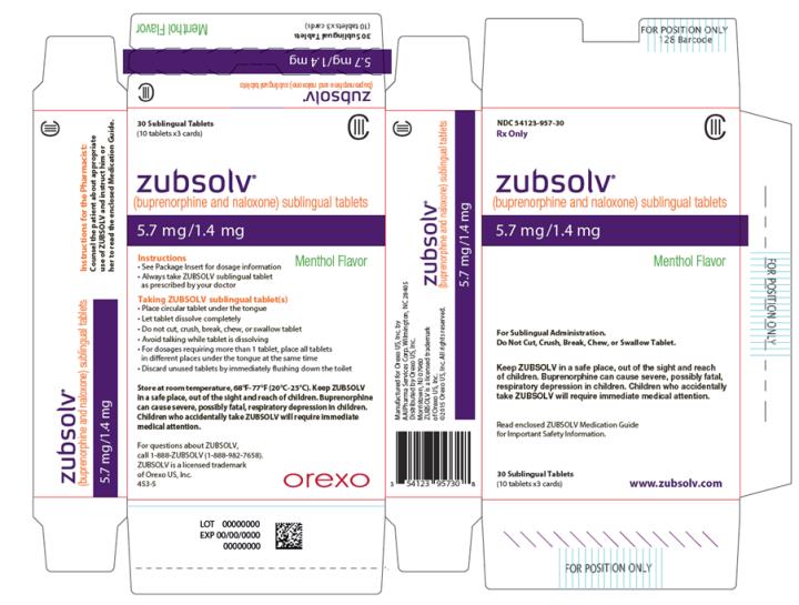 PRINCIPAL DISPLAY PANEL
NDC 54123-957-30
Rx Only 
CIII
zubsolv® 
(buprenorphine and naloxone) sublingual tablets
5.7 mg/1.4 mg 
Menthol Flavor
For Sublingual Administration.
Do Not Cut, Crush, Break, Chew, or Swallow Tablet. 
Keep ZUBSOLV in a safe place, out of the sight and reach of children. Buprenorphine can cause severe, possibly fatal, respiratory depression in children. Children who accidentally take ZUBSOLV will require immediate medical attention. 
Read enclosed ZUBSOLV Medication Guide for Important Safety Information.
30 Sublingual Tablets 
(10 tablets x3 cards)
www.zubsolv.com

