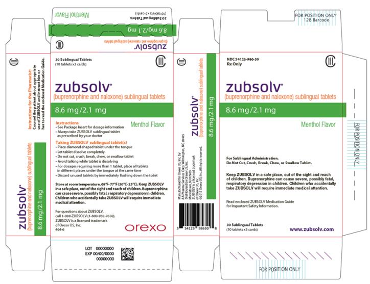 PRINCIPAL DISPLAY PANEL NDC 54123-986-30 Rx Only CIII zubsolv® (buprenorphine and naloxone) sublingual tablets 8.6 mg/2.1 mg Menthol Flavor For Sublingual Administration. Do Not Cut, Crush, Break, Chew, or Swallow Tablet. Keep ZUBSOLV in a safe place, out of the sight and reach of children. Buprenorphine can cause severe, possibly fatal, respiratory depression in children. Children who accidentally take ZUBSOLV will require immediate medical attention. Read enclosed ZUBSOLV Medication Guide for Important Safety Information. 30 Sublingual Tablets (10 tablets x3 cards) www.zubsolv.com 