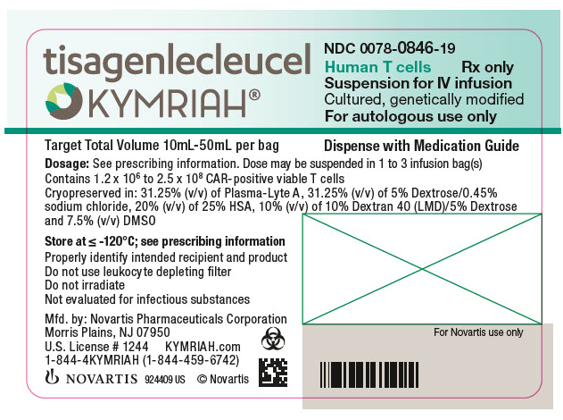 主要显示板tisagenlecleucel KYMRIAHtm NDC 0078-0846-19人类T细胞仅Rx静脉输注悬浮液培养的，转基因的仅用于自体免疫注射用药指南Novartis<br />
